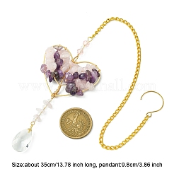 Drahtumwickeltes natürliches Rosenquarz- und Amethyst-Chip-Herz mit Baumanhänger-Dekoration&nbsp;HJEW-FS00019