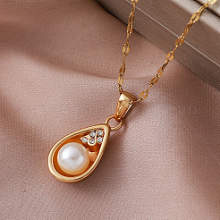 Colliers vintage pour femmes avec pendentif en forme de larme en acier inoxydable 304 et perles d'imitation.&nbsp;BR9499