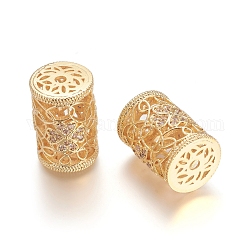 Brass Micro Pave Clear Cubic Zirconia Beads, Long-Lasting Plated, Hollow, Column with Flower, Clear, Golden, 18x12.5mm, Hole: 2mm
