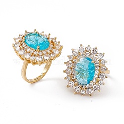 Anello regolabile ovale in vetro azzurro intenso con zirconi cubici, gioielli in ottone per le donne, vero placcato oro 18k, misura degli stati uniti 6 1/2 (16.9mm)