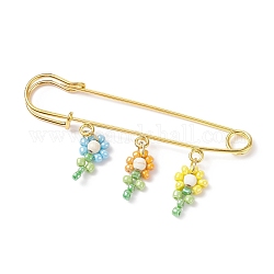 Glass Seed & Synthetic Turquoise Braided Flower of Life Charms Safety Pin Brooch, Gold Plated Iron Brooch Pin for Backpack Clothes, Colorful, 75mm