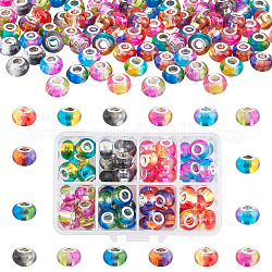 Pandahall Elite 80 Stück 8 Farben transparent zweifarbige Harz europäische Perlen, Großloch perlen, mit silberfarbenen Messingdoppeladern, Rondell, Mischfarbe, 14x9.5 mm, Bohrung: 5 mm