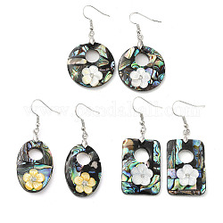 Natural Paua Shell & White Shell Flower Dangle Earrings, with Brass Earring Pins, Mixed Shapes, 55~56x20.5~28mm