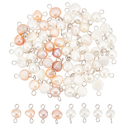 Unicraftale 60 pièces 2 couleurs breloques de connecteur de perles d'eau douce naturelles, avec couleur acier inoxydable plaqué 304 boucles en acier inoxydable, liens de pépites, couleur mixte, 14x6~8x3.5~5.5mm, Trou: 1.5~2.5mm, 30 pcs / couleur