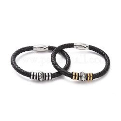 304 bracelet perlé colonne en acier inoxydable avec fermoirs magnétiques, bracelet punk en cuir tressé noir pour hommes femmes, couleur mixte, 8-1/2 pouce (21.5 cm)