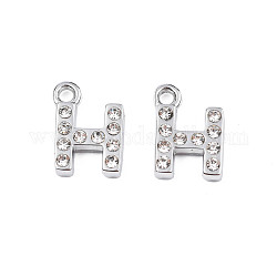 304 Stainless Steel Charms, with Crystal Rhinestone, Letter, Letter.H, 10~10.5x2~8x2mm, Hole: 1.2mm