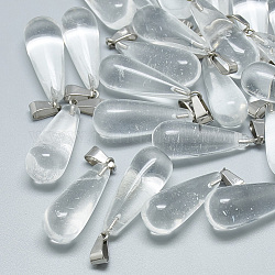 Pendeloques de cristal de quartz synthétique, avec cliquet en acier inoxydable, larme, 28~30x10~12mm, Trou: 6x4mm