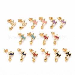 304 Stainless Steel Enamel Stud Earrings, with 316 Stainless Steel Pin, Dog, Mixed Color, 15x10mm, Pin: 0.7mm