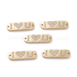 Brass Micro Pave Clear Cubic Zirconia Links Connectors, for Valentine's Day, Oval with Heart, Real 18K Gold Plated, 8.5x27x1.5mm, Hole: 1.4mm