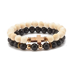 Cross Wood Beaded Stretch Bracelet Sets, Non-magnetic Synthetic Hematite Beads Bead Stackable Bracelets for Women, Mixed Color, Inner Diameter: 2-1/8 inch(5.3cm), 2pcs/set