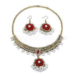Ensemble de bijoux ovales en perles et strass en plastique abs, collier plastron en alliage doré et boucles d'oreilles lustre, rouge, 415mm, 61x32mm