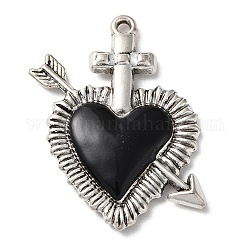 Pendentifs en alliage, avec émail noir, argent antique, une flèche à travers le charme du coeur, 38.5x30x4mm, Trou: 2mm