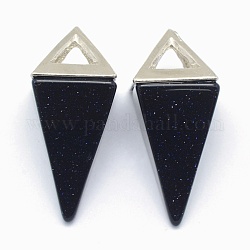 Sintetici ciondoli Goldstone blu, con accessori in lega, triangolo, platino, 34x14x14.5mm, Foro: 4x6 mm