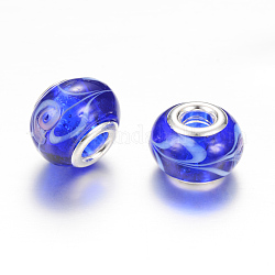 Perles européennes rondes vernissées à gros trou, avec noyaux en laiton plaqué couleur argent, bleu, 13~14x10~11mm, Trou: 5mm