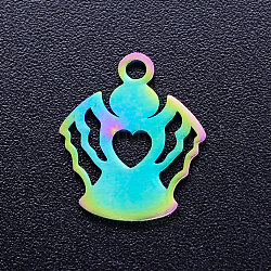 Ion Plating(IP) 201 Stainless Steel Charms,  Angel, Rainbow Color, 14.5x12x1mm, Hole: 1.5mm