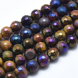 Electroplated Natural Tiger Eye Beads Strands, Round, Faceted, 10mm, Hole: 1mm, about 38~39pcs/strand, 15.1~15.5 inch(38.5~39.5cm)