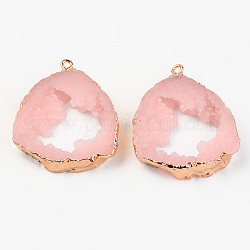 Druzy Resin Pendants, Imitation Geode Druzy Agate Slices, with Edge Light Gold Plated Iron Loops, Nuggets, Pink, 38~39x32.5~33.5x7~8mm, Hole: 1.6mm