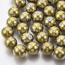 Perle di vetro placcate natalizie, tondo con il modello stella, oro placcato, 10mm, Foro: 1.2 mm