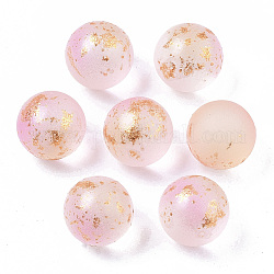 Perles de verre dépoli peintes à la bombe transparente, avec une feuille d'or, pas de trous / non percés, ronde, rose, 10mm