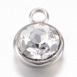 304 charms de rhinestone de cristal de acero inoxidable, encantos de piedra natal de abril, facetados, plano y redondo, Claro, 14x10x7mm, agujero: 2.5 mm