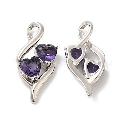Encantadores colgantes de latón con dos corazones, con rhinestone de cristal, púrpura, 28.4x13.4x5.5mm, agujero: 3.4 mm