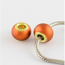 Spray Painted Matte Glass European Beads, with Golden Brass Core, Large Hole Beads, Rondelle, Dark Orange, 14~15x11mm, Hole: 4.5~5mm