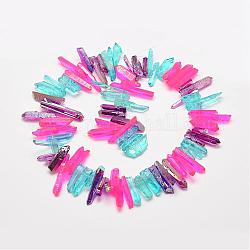 Electroplated Natural Quartz Crystal Beads Strands, Dyed, Nuggets, Colorful, 2~7x13~38x2.5~7mm, Hole: 1mm, about 83~92pcs/strand, 15.2 inch~15.8  inch