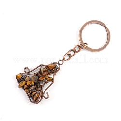 Porte-clés pendentif en œil de tigre naturel enveloppé de fil de cuivre, pendentif de yoga, Pour clé de voiture sac à dos pendentif accessoires, 10x4.5 cm