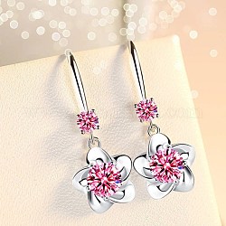 Pendientes colgantes de circonita cúbica con flor de flor de ciruelo para niñas y mujeres, Pendientes de latón, rosa, Platino
