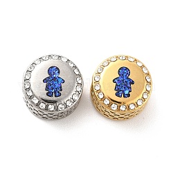 Perles en 304 acier inoxydable, Avec strass et émail, rond et plat avec motif humaine, bleu, 12x8mm, Trou: 4mm