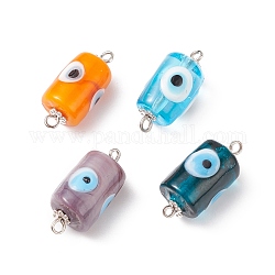 Handmade Evil Eye Column Lampwork Connector Charms, with Silver Color Plated Alloy Daisy Spacer Beads, Mixed Color, Mixed Color, 22x10mm, Hole: 1.2~1.5mm