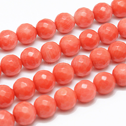 Natural Coral Round Beads Strands, Dyed & Faceted, Orange Red, 10mm, Hole: 1mm, about 38pcs/strand, 15.7inch