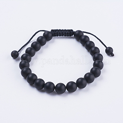 Adjustable Nylon Cord Braided Bead Bracelets, with Frosted Black Agate Beads, 2-1/8 inch(55mm)