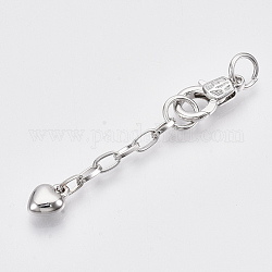 Brass Chain Extender, with Brass Lobster Claw Clasps,  Heart, Platinum, 64mm, Clasp: 17x10x4mm, Extend Chain: 38mm, Jump Ring: 8x1mm, Inner Diameter: 6mm