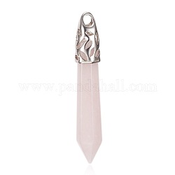 Colgantes de punta de cuarzo rosa natural, con fornituras de latón de platino plateado, bala, 57~64x10.5x10.5mm, agujero: 5x4 mm