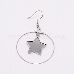 Stainless Steel Dangle Earrings, Star, Stainless Steel Color, 60x37x17mm, Pin: 0.8mm, Pendant: 40x37x1.2mm, Tray: 16x16mm