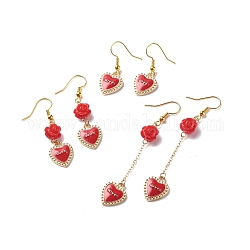 3 paio di 3 ciondoli smaltati in lega rossa stile e orecchini pendenti con perline rosa, gioielli in ottone a tema San Valentino per donna, oro, parola, 32~72mm, ago :0.5mm
