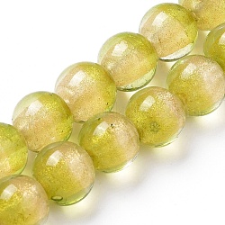 Fili di perle di vetro lamina d'argento, con polvere oro, tondo, giallo, 12~12.5x11~12mm, Foro: 1.5 mm, circa 30pcs/filo, 13.5 pollice (34.5 cm)