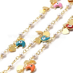 Colorful Enamel Moon with Evil Eye & Brass Heart Charms Chains, with ABS Plastic Imitation Pearl Beaded Chains, Soldered, with Spool, Real 18K Gold Plated, 12x4mm