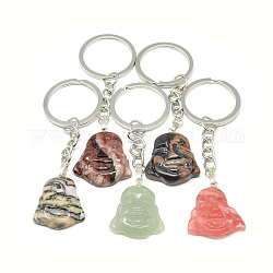 Synthetischer & natürlicher Edelstein Schlüsselanhänger, mit  eisernem Zubehör, kantille, Buddha-Kopf, Platin Farbe, 87~90 mm