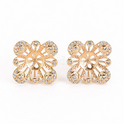 Brass Micro Pave Clear Cubic Zirconia Stud Earring Findings, for Half Drilled Bead, Nickel Free, Flower, Real 18K Gold Plated, 14.5x14.5mm, Pin: 0.7mm, Pin: 0.8mm(for Half Drilled Bead)