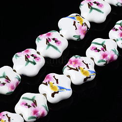 Brins de perles en céramique de porcelaine faites à la main, fleur imprimée, fleur, violette, 14x15x6mm, Trou: 1.8mm, Environ 23 pcs/chapelet, 12.4 pouces (31.5 cm)