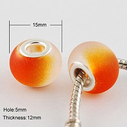Two Tone Large Hole Rondelle Rubberized Glass European Beads, with Silver Plated Brass Double Cores, Dark Orange, 15x12mm, Hole: 5mm