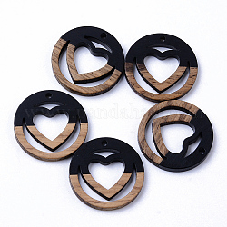 Colgantes de resina y madera de nogal, anillo con el corazón, negro, 25x3mm, agujero: 1.8 mm