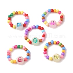 Colorful Flat Round with Letter Acrylic Finger Ring with Round Beads for Women, Mixed Patterns, US Size 10 1/4(19.9mm)