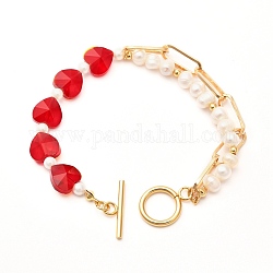 Perlenarmbänder mit Muschelperlen für Mädchenfrauen, Herz Glasarmbänder mit Büroklammerkette, rot, 7-1/4 Zoll (18.5 cm)