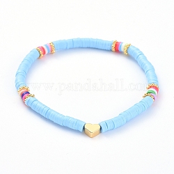 Bracciali elasticizzati fatti a mano in perle di argilla polimerica, con perle in ottone a cuore e perle distanziali in lega, cielo azzurro, 2-1/8 pollice (5.3 cm)