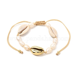 Geflochtenes Perlenarmband aus natürlichen Perlen und Kaurimuscheln für Teenager-Mädchen, golden, blass Goldrute, Innendurchmesser: 1-3/4~3-7/8 Zoll (4.5~9.9 cm)