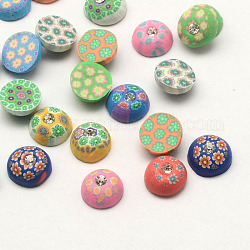 Handmade Polymer Clay Half Round Dome with Flower Flatback Cabochons, with Crystal Rhinestone, Mixed Color, 10~11x5mm