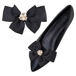 Décorations de chaussures en polyester bowknot, Clips de boucle de chaussure détachables en fer et en plastique imitation perle, noir, 76x98x24mm